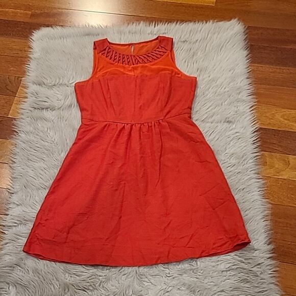 Maeve anthropologie womens red lattice neck fit and flare Midi dress size 10p - Picture 1 of 6